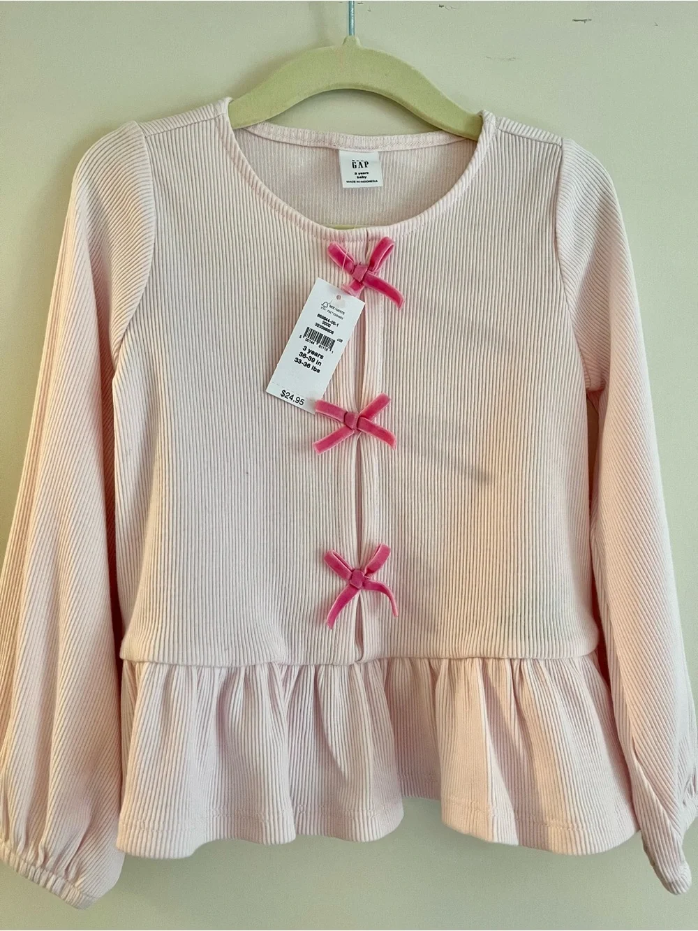 GAP Light Pink Long-Sleeve Top with Bright Pink Bows